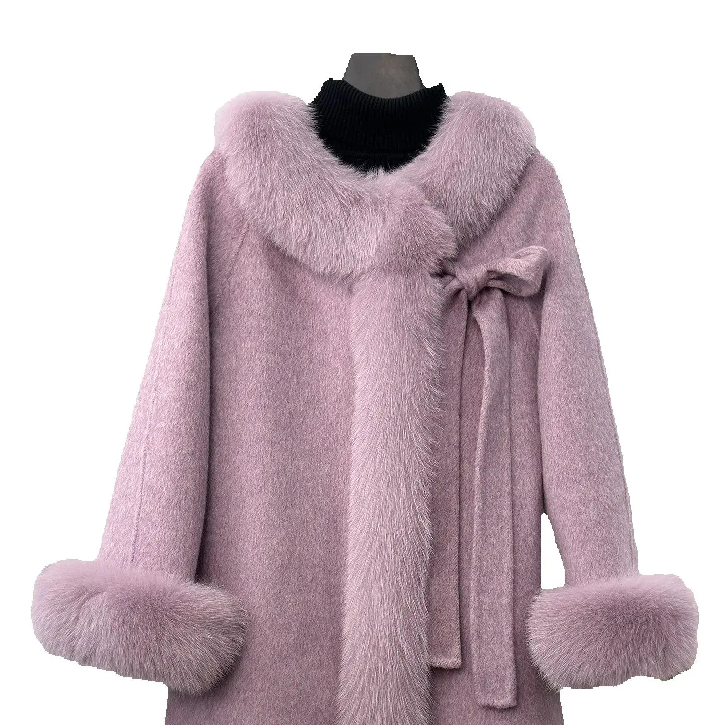Ragazza delicata e tenera, cappotto in cashmere double face con fiocco, collo in pelliccia di volpe, pelliccia da donna, cappotto in lana di nuovo stile per inverno