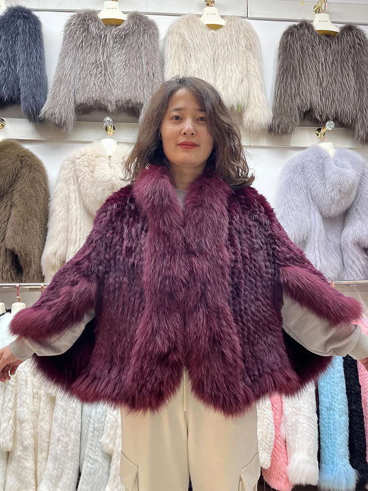 Chaqueta de piel de conejo 2024 Natural para mujer, abrigo tejido con cuello de piel de zorro Real, ropa de lujo