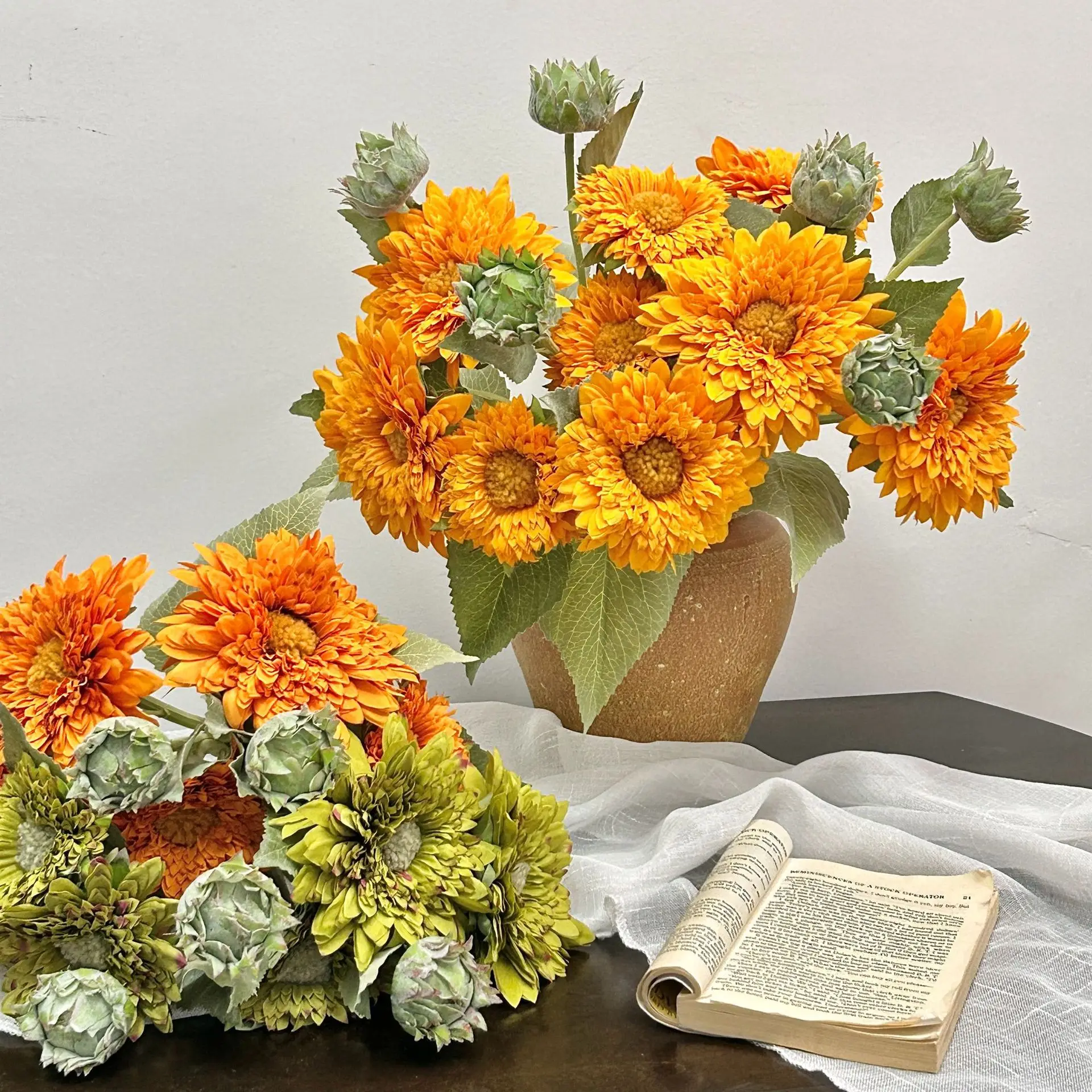 Teddy Bear Sunflower Artificial Flowers for Living Room Entrance Decoration, Fake Flower Arrangement, Vintage Bouquet