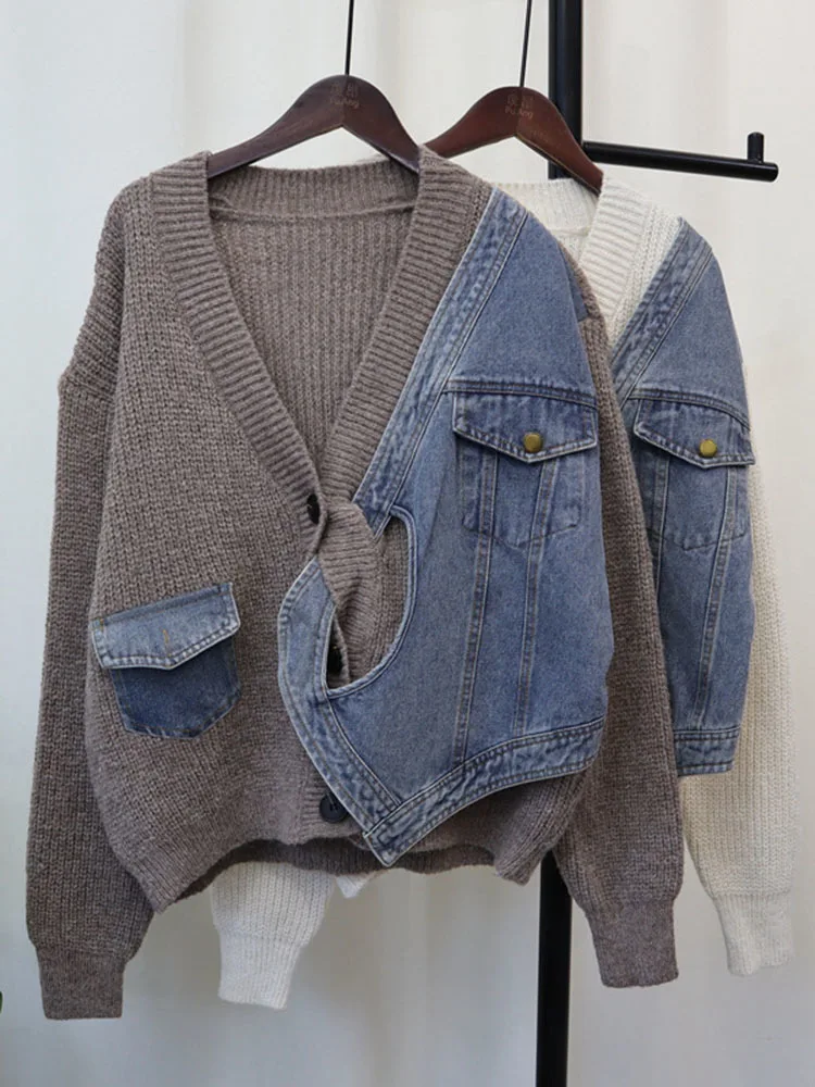 DEAT Spliced Denim Knitted Cardigan For Women Loose Casual Versatile Sweater Jacket Female Trend 2024 Autumn New Items 33A2097