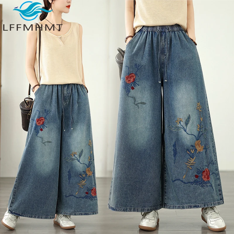 Rose Flower Embroidery Good Quality Denim Pants for Women Summer Fashion Elastic Waist Hip Hop Streetwear Casual Jeans