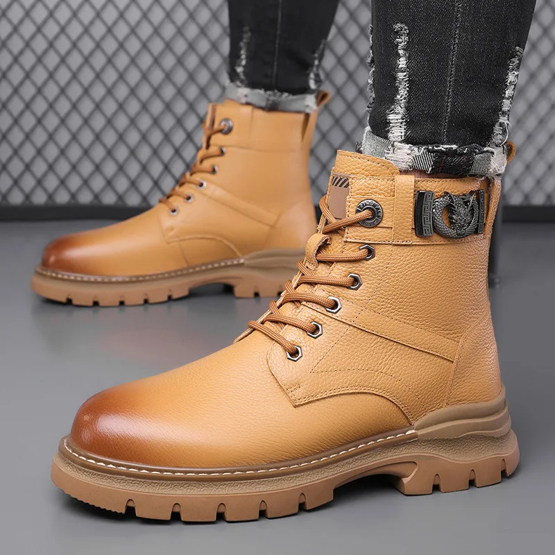 

Мужские зимние высокие хлопковые туфли на флисовой подкладке, зимние ботинки из натуральной кожи, рабочие ботинки из воловьей кожи с верхним слоем, теплая удобная обувь