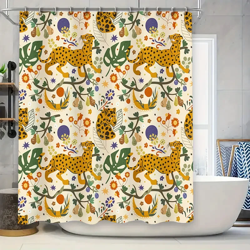 

Экзотическая занавеска для душа с леопардовым цветочным принтом, декоративное белье для ванны с принтом дикой природы, желтый, оранжевый, красный, зеленый, синий цветочный дизайн для Ba