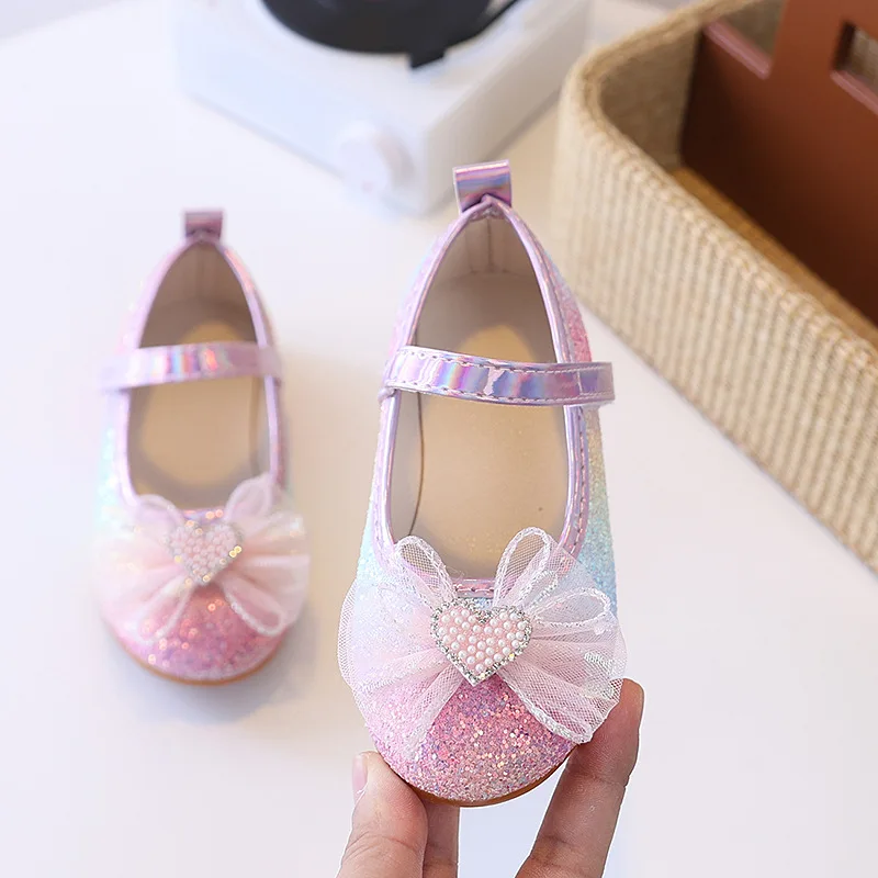 JGSHOWKITO Girls Ballet Flat Shoes Sequins Tulle Bow Children Leather Shoes Non-slip Wedding Party Kids Princess Mary Jane Shoes