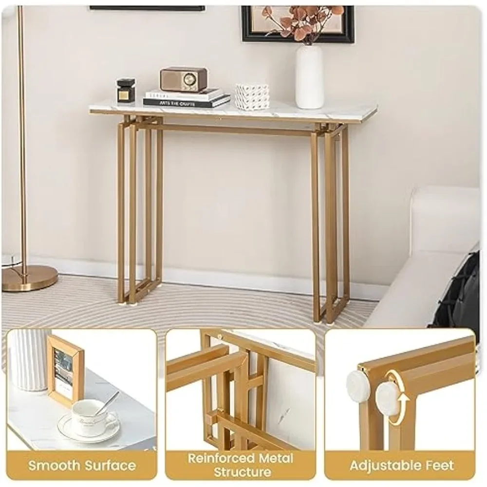 43.5인치 콘솔 테이블, 조절 가능한 발이 있는 인조 대리석 로비 테이블, 골드 프레임, 현대식 출입구 테이블