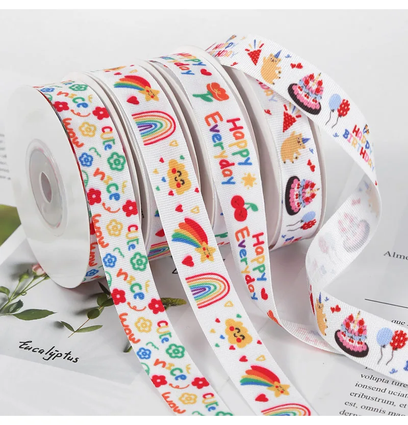 

New 16MM 20 Yards Cartoon Ribbon Happy Birthday Ribbon Lace Ribbon DIY Bow Tie Bouquet Ribbon Cake Gift Packaging Ribbon