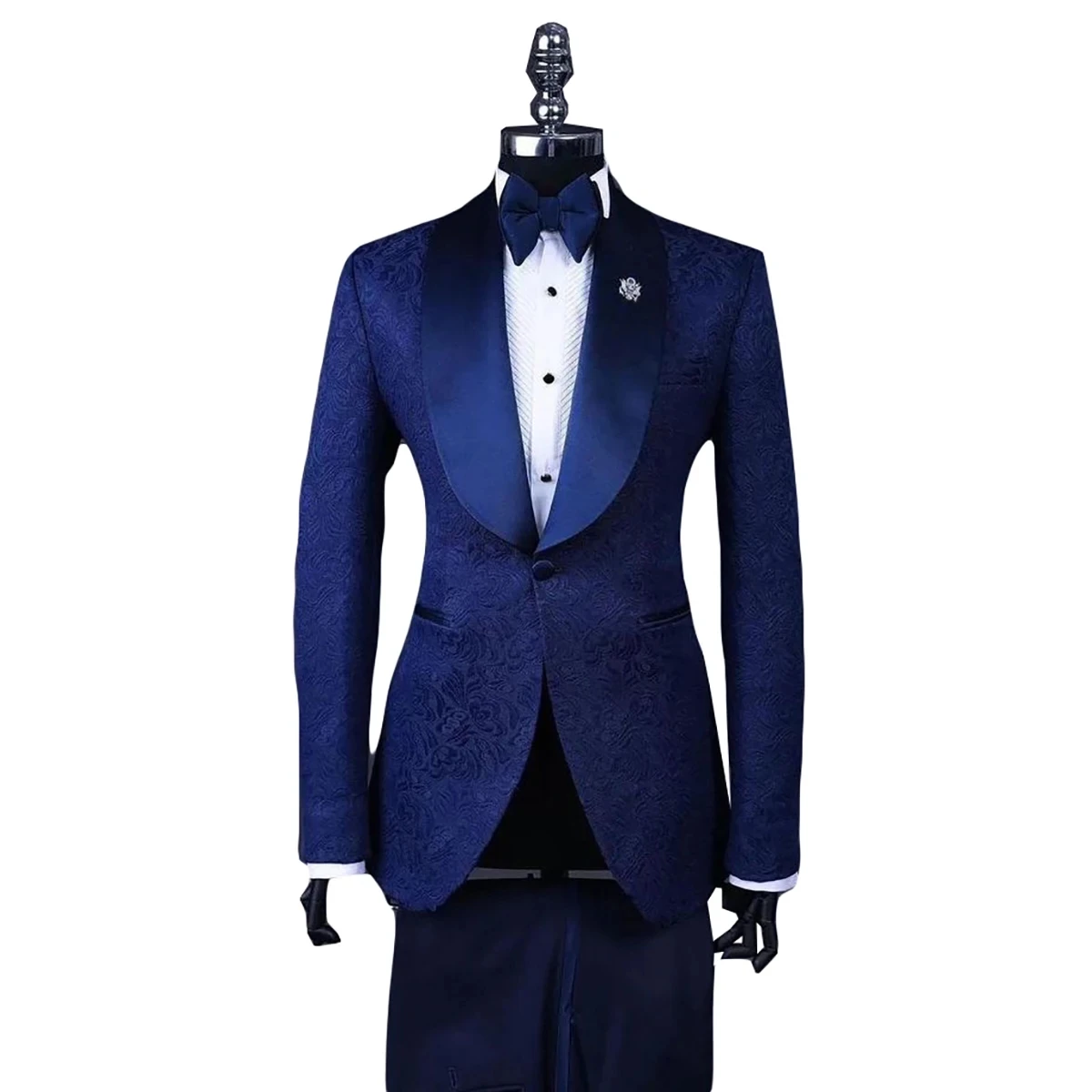 

Formal Suits For Men 2 Pieces Jacquard Blazer Solid Pant Satin Shawl Lapel Formal Groom Wear Wedding Prom Customized Male Suit