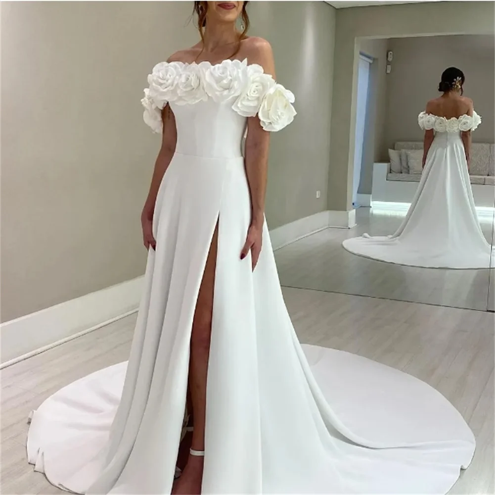 Simple Wedding Dress For Women Off-Shoulder Sleevelss With Flowers A-Line Pure Plain Satin Vestidos New White Split Bridal Gown