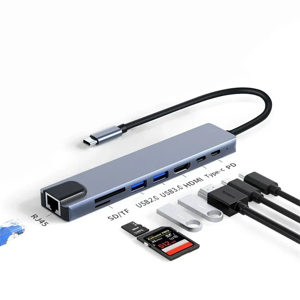 8in1 نوع C Hub USB C 8 في 1 USB3.1 إلى 4K HDMI محول متوافق مع RJ45 SD/TF قارئ بطاقات PD شحن سريع للكمبيوتر المحمول