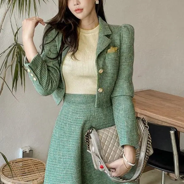 Women\'s Autumn/Winter Small Fragrance Rough Tweed Blazer A-line Skirt Set Vintage Casual Woolen Coat Half  Two Piece