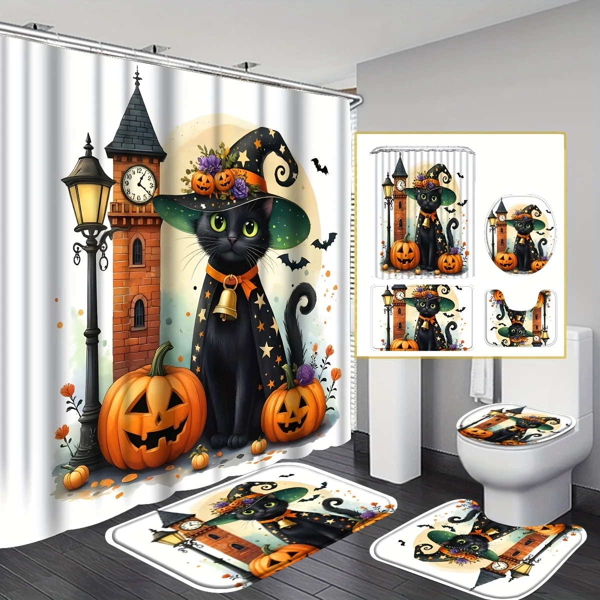 

4 шт., набор занавесок для душа с черным котом и тыквой на Хэллоуин, с нескользящими ковриками и чехлом для унитаза, декор для ванной комнаты на тему ужасов