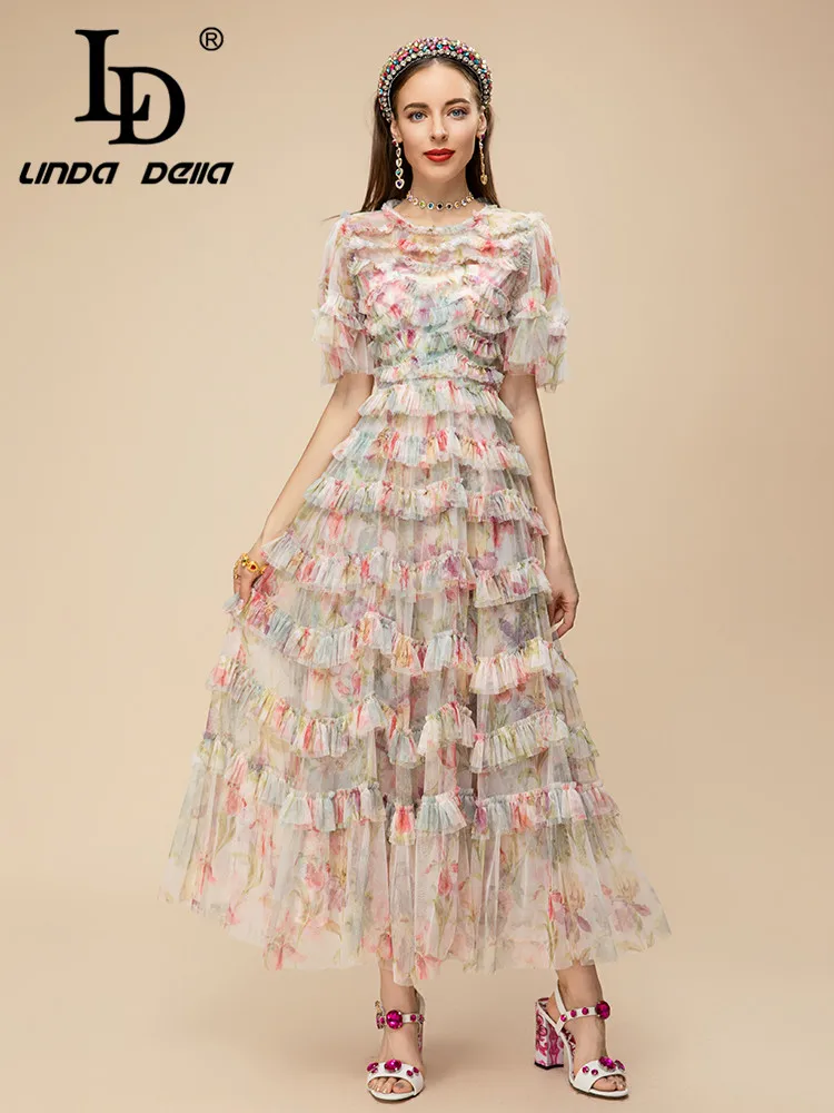 

LD LINDA DELLA New Style Fashion Designer Travel Dress Women's Round Neck High Waist Cascading Ruffle Print Draped Netting Dress