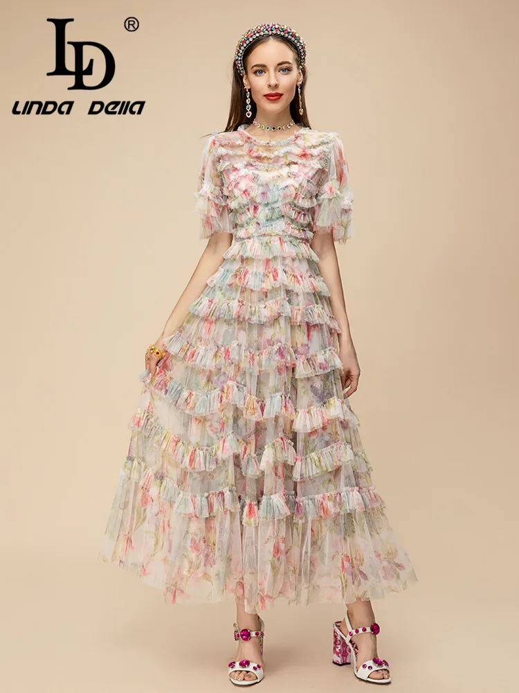 LD LINDA DELLA New Style Fashion Designer Travel Dress Women's Round Neck High Waist Cascading Ruffle Print Draped Netting Dress