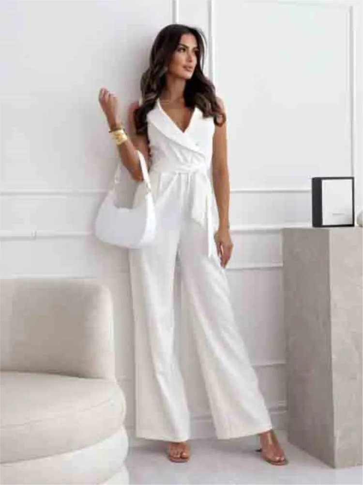 Summer Pockets Deep V-neck Sashes Solid Color Wide Leg Jumpsuits Female Fashion Office Lady Jumpsuit  Elegant For Women Clothes