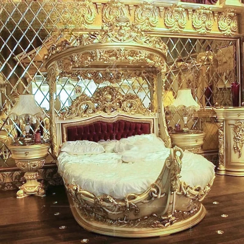 Cama doble tallada en madera de estilo europeo, estilo barco de lujo, tela francesa, Muebles de dormitorio de princesa Villa, conjunto de Muebles de dormitorio