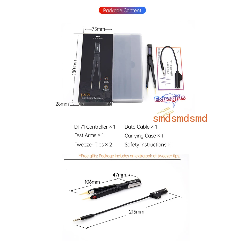 DT71 Miniware Digital Tweezers Smart SMD Tester LCR Meter Diode Resistor Capacitor Checker 10KHz Signal Generator Auto Scan DIY