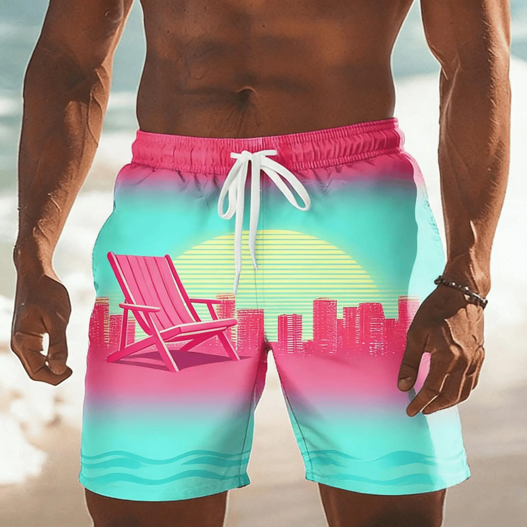 Men's Pink-Green Gradient Sunset City Print Drawstring Shorts, Spring Summer Retro Miami Casual Shorts, Pocket Beach Shorts