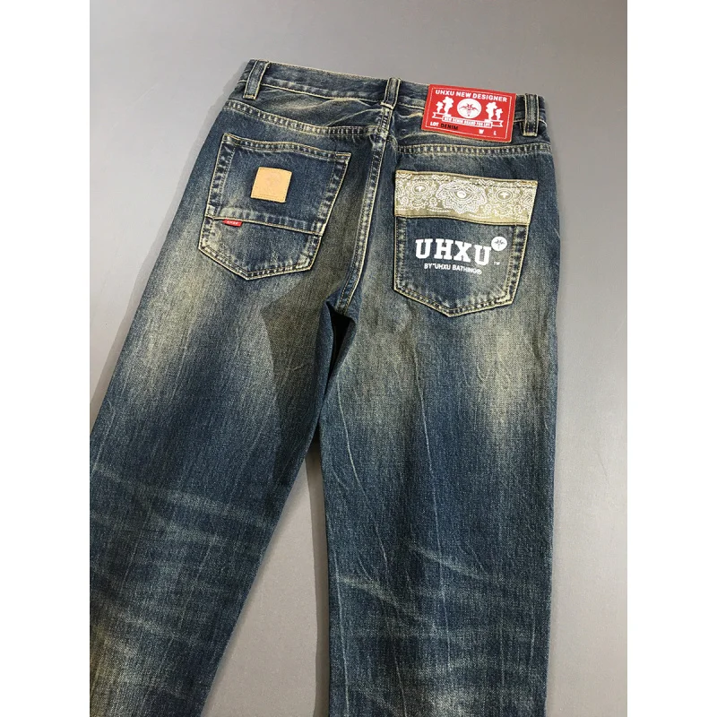

Trendy retro jeans for men, washed with nostalgia, fashionable prints, slim fit, small feet, distressed denim pants