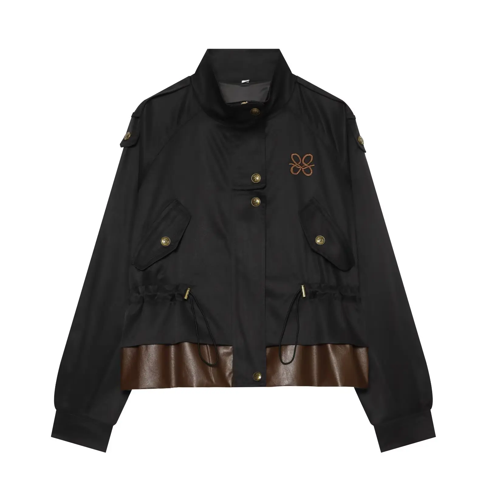 BSAY Women Stand Collar Color Block Moto Jacket Long Sleeve Cropped Drawstring Waist Casual Autumn Winter Outerwear With Pockets