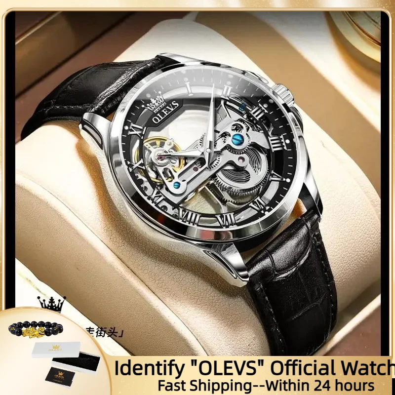 OLEVS 6661 Full Hollow Watch Men Leather Strap Deep Waterproof Stainless Steel High Quality Men's Watches