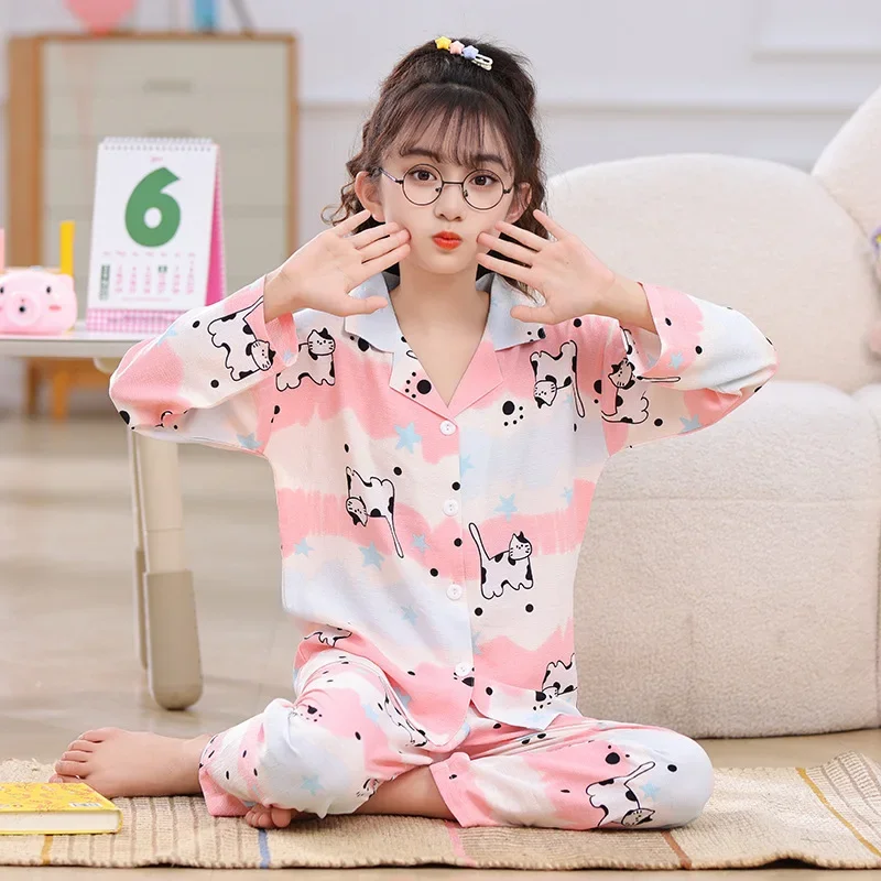 2024 Children\'s Pajama Sets Girls Autumn Cardigan Pijama Sweet Cute Long Sleeve Sleepwear Cartoon Loungewear Kids Home Clothing