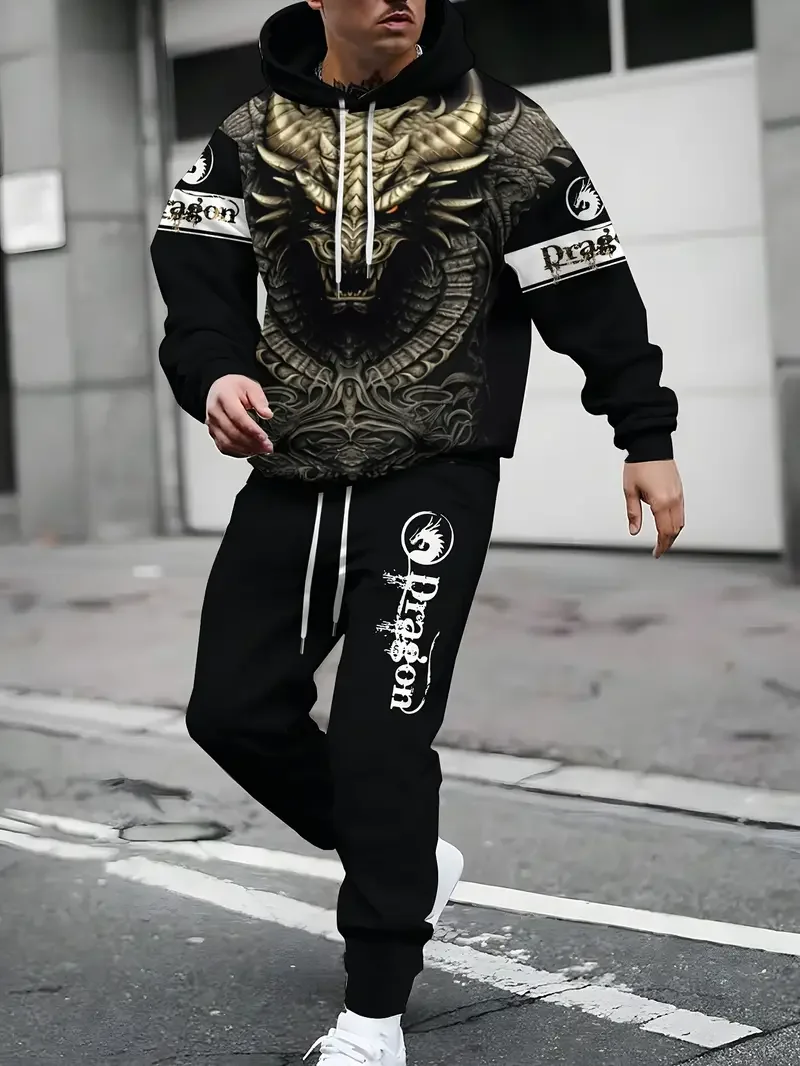 الخريف كول التنين ثلاثية الأبعاد مطبوعة هوديي البدلة الرجال بلوزات Sweatpants موضة عادية قطعتين طقم رياضي الركض رياضية #6