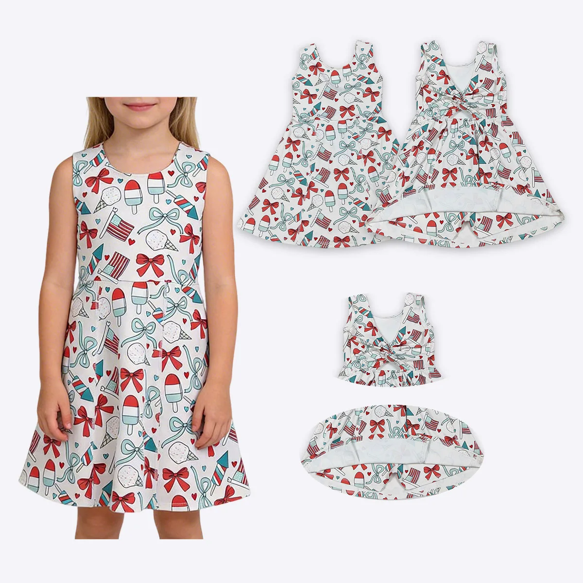 

Cute Kids Princess Dress Baby Girls Popsicle Flag Bows Yoga Active 4th of July Shorts Knee Length Dresses Clothes Wholesale