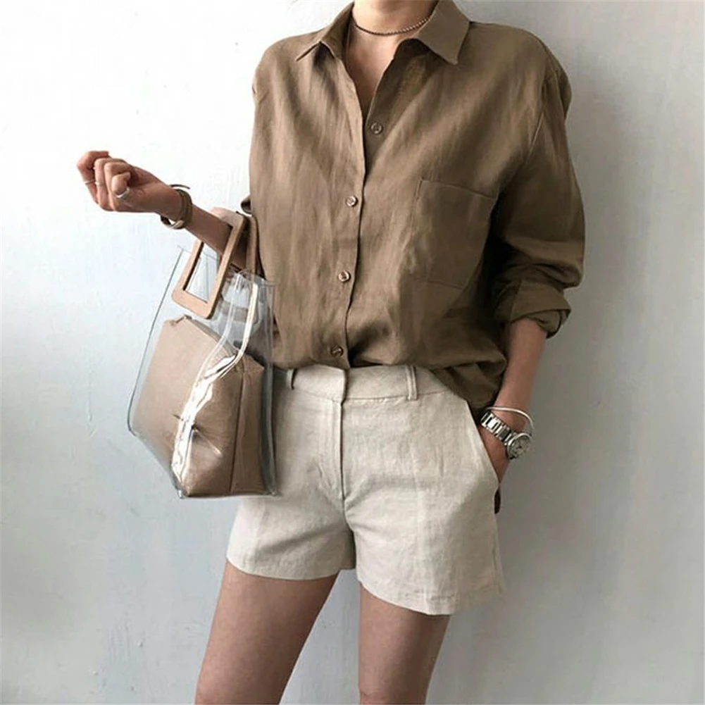 Women Shirt Cotton And Linen Lapel Long-sleeve Loose Solid Color All-match Shirt