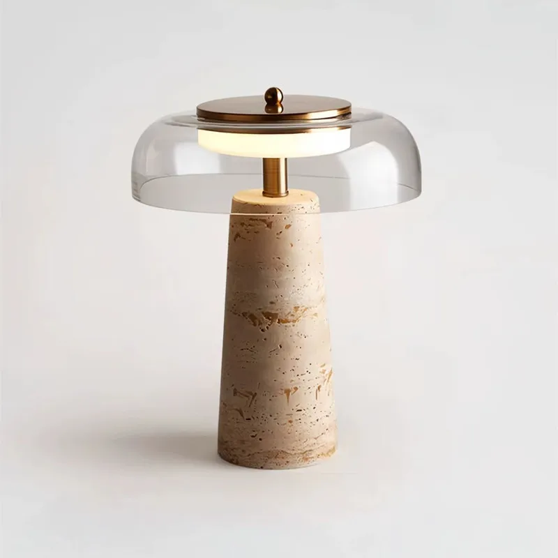 Modern Travertine Base Glass Shade Table Lamp, LED Night Light for Bedroom Office