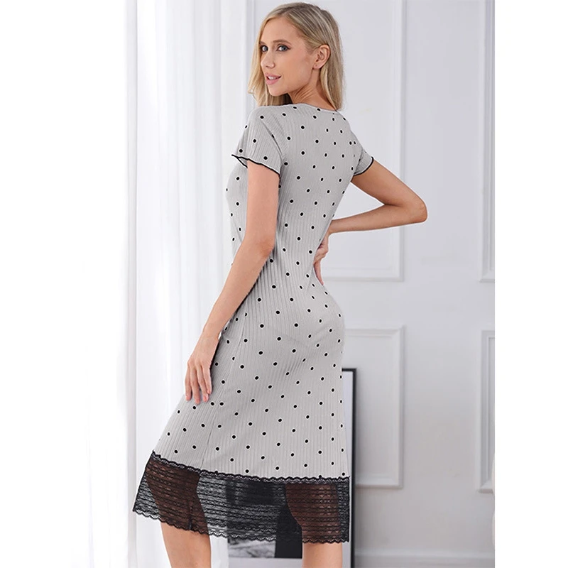 

Soft Round Neck Cozy Lace-Trimmed Sleepwear For Women Short Sleeve Nightgown White Pink Comfortable Stylish Relaxed Fit Dress