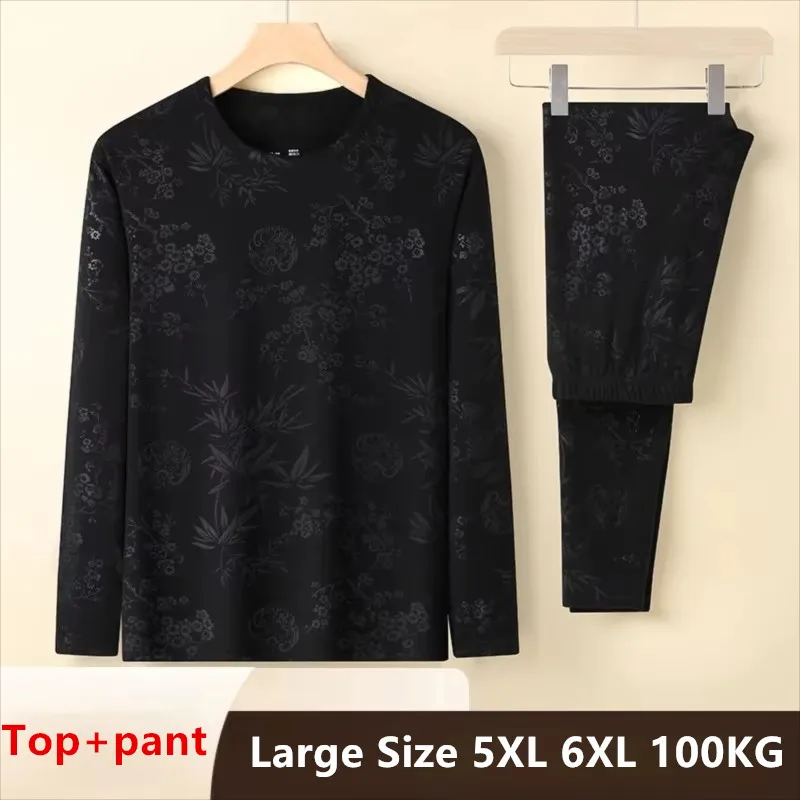 New Arrivals Men's Thermal Underwear Set Print Fashion Trend Autumn Winter Round Neck Home Indoor Sleepwear Warm Layer Clothing