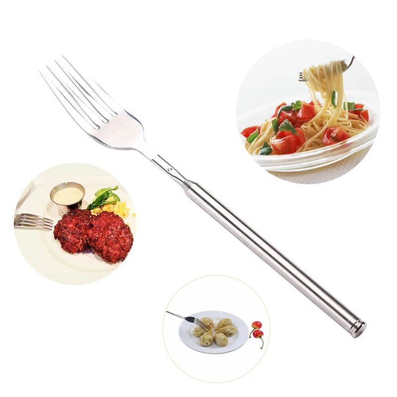 Silver Stainless Telescopic Extendable Fork Dinner Fruit Dessert Long Cutlery Barbecue Meat Fork Kitchen Accessories Tools