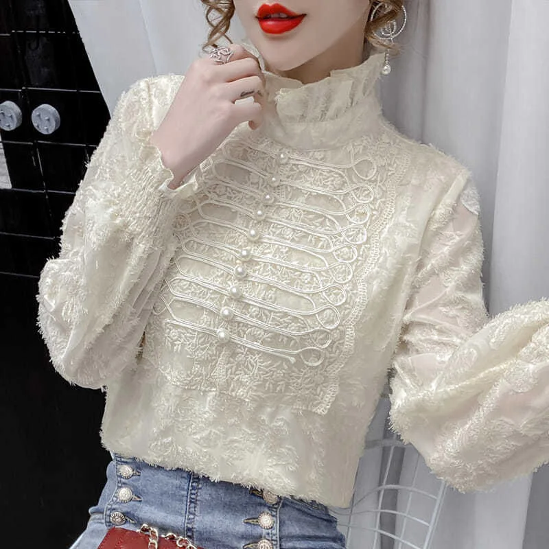 Elegant Vintage Beading Ruffles Woman Blouses 2023 Spring Office Ladies Commute Lace Hook Flower Hollow Pullovers Women\'s Shirts