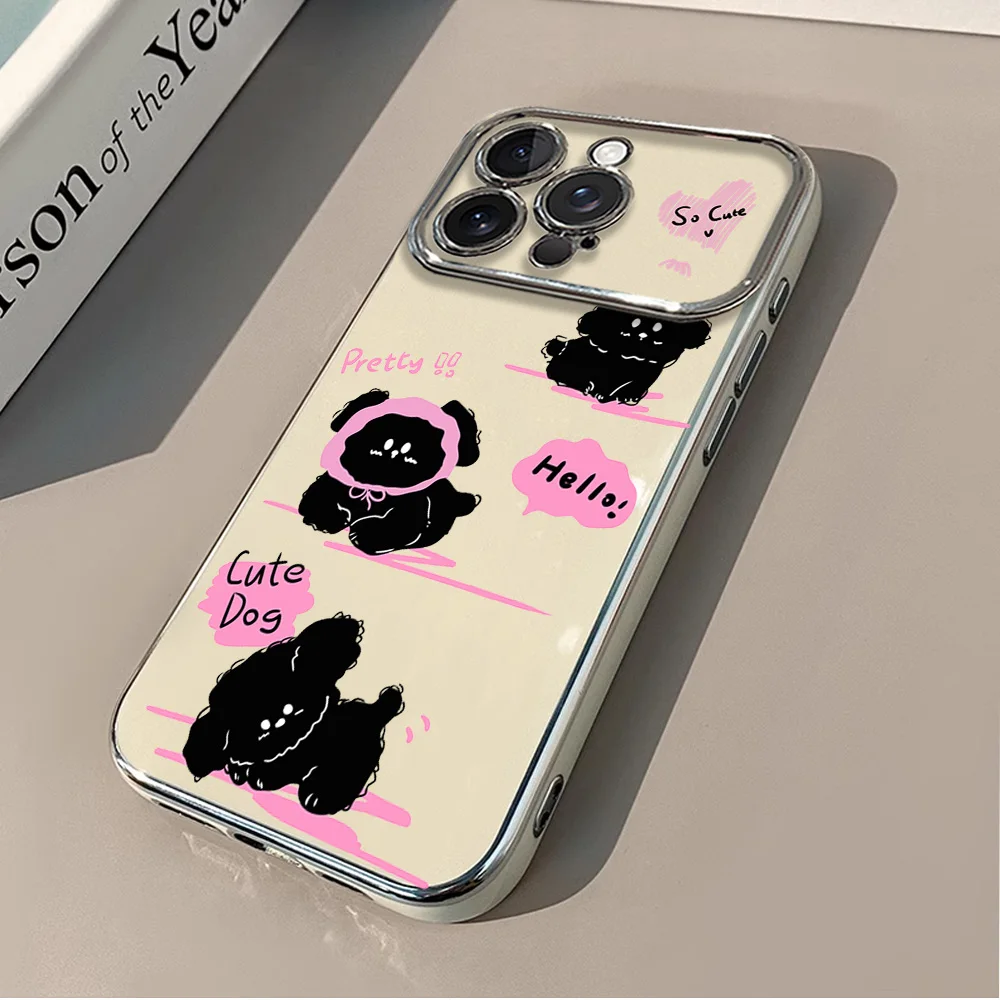 Cartoon Cute Pretty Black Puppy Electric Ferry Large Window Phone Case For IPhone 12 11 13 14 15 16 Max Pro Plus Shell