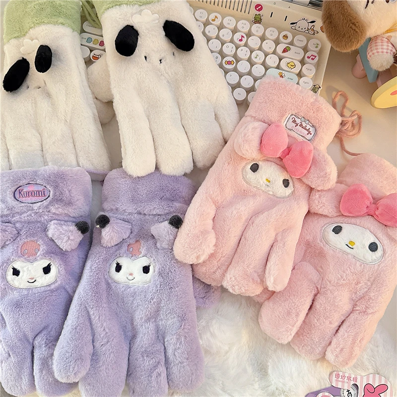 Kawaii Kuromi My Melody Pochacco Gloves Winter Women Plush Coral Gloves Full Fingers Cute Mittens Warm Windproof Glove for Girls