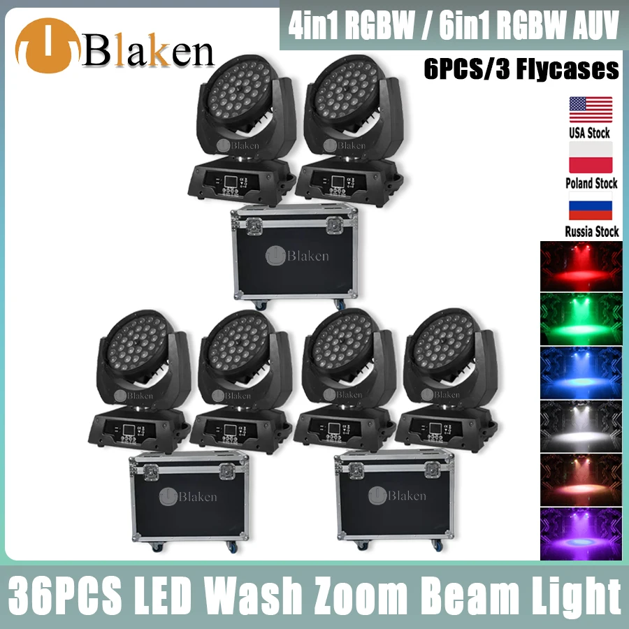 0 Steuer 6 Stück LED Zoom Wash 36x12w RGBW 4 in1 Moving Head Light mit Flight case 36x18w Rgbwauv 6 in1 Wash Zoom Moving Stage Light