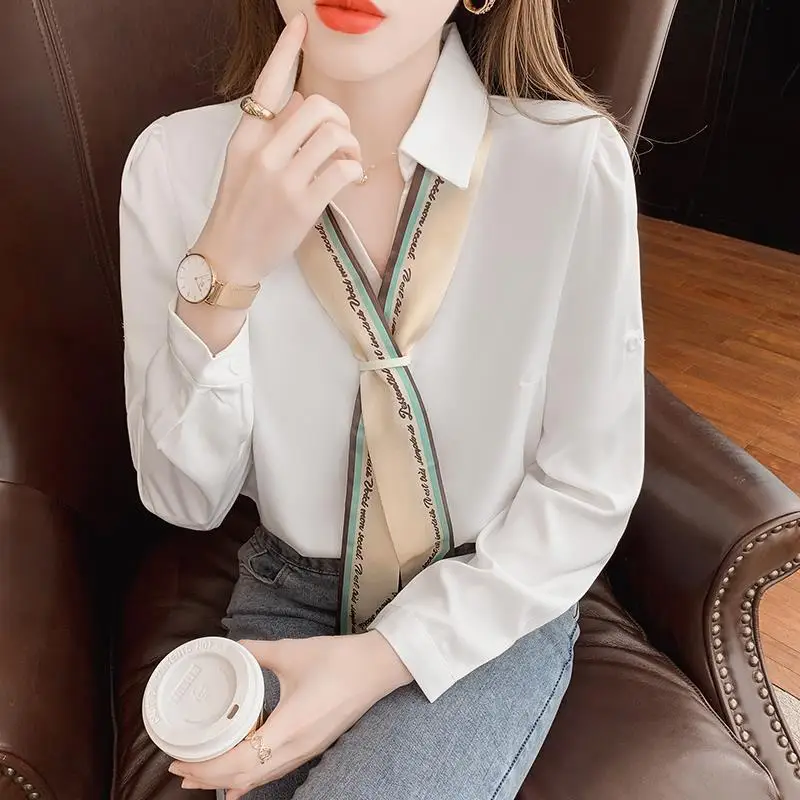 Elegant Chic Bow Tie Office Lady Business Casual Shirts Spring Autumn Fashion V Neck Long Sleeve Chiffon Top Blouse Women Blusas