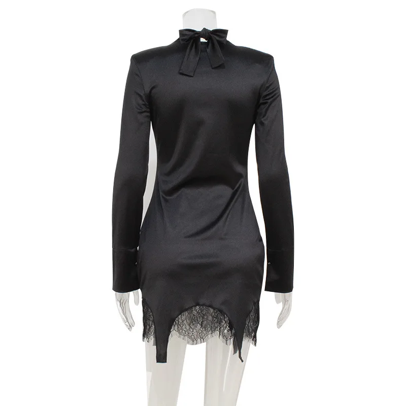 أنيقة الساتان فستان قصير الدانتيل المرقعة المرأة موضة مثير الياقة المدورة ربطة القوس فيونكة كم طويل سليم حفلة كلوبوير ملابس الشارع الشهير عادية