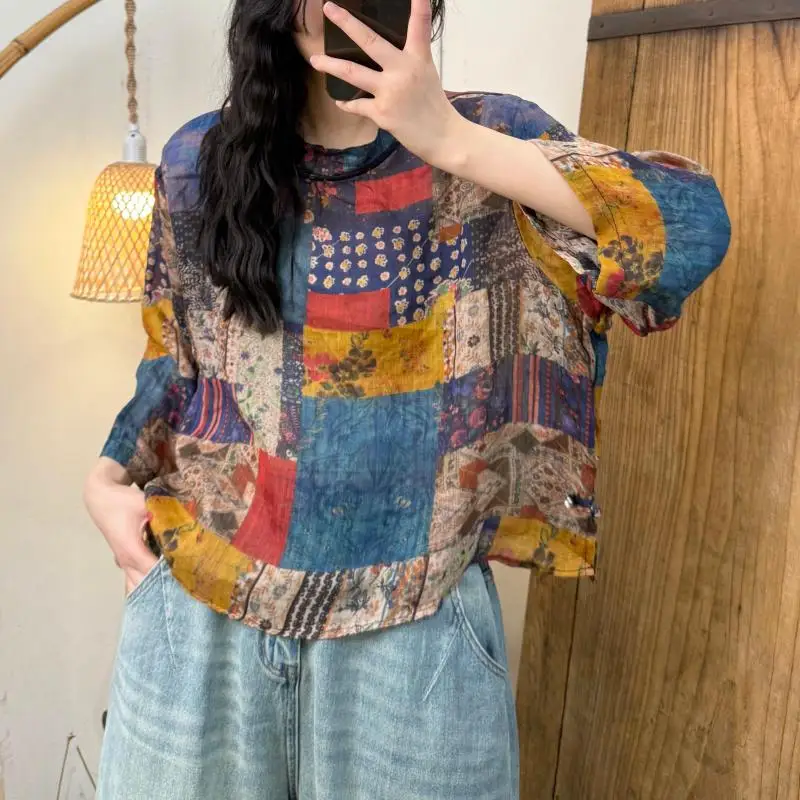 New Spring Summer Arts Style Women O-neck Loose Casual Tshirt High Quality Thin Ramie Vintage Print Tee Shirt Femme Tops TH13