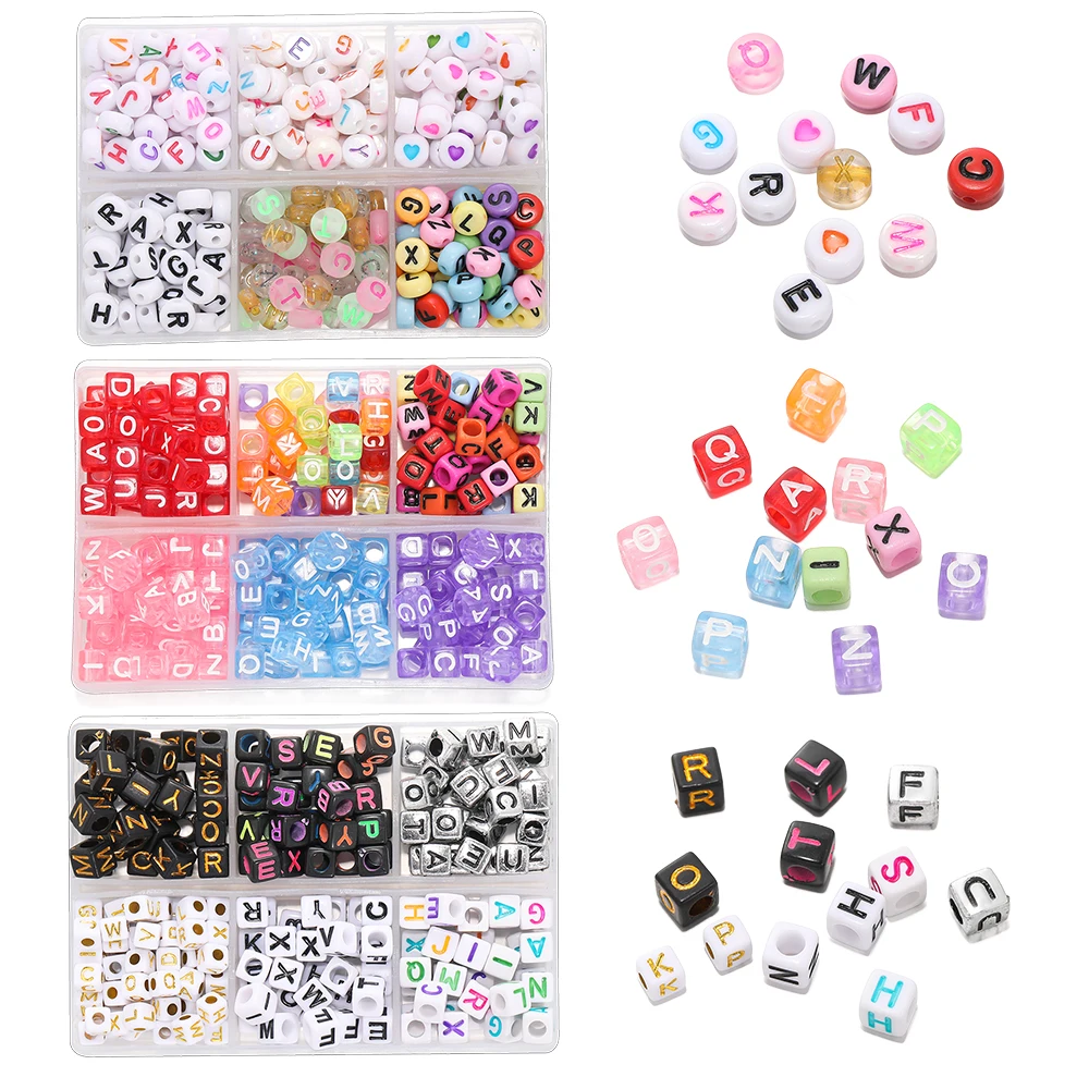 600pcs/Bag Mixed Square Acrylic Letter Beads Round 6 Colors Flat Spacer Bead with Elastic Cord Kit for Braceket Necklace DIY