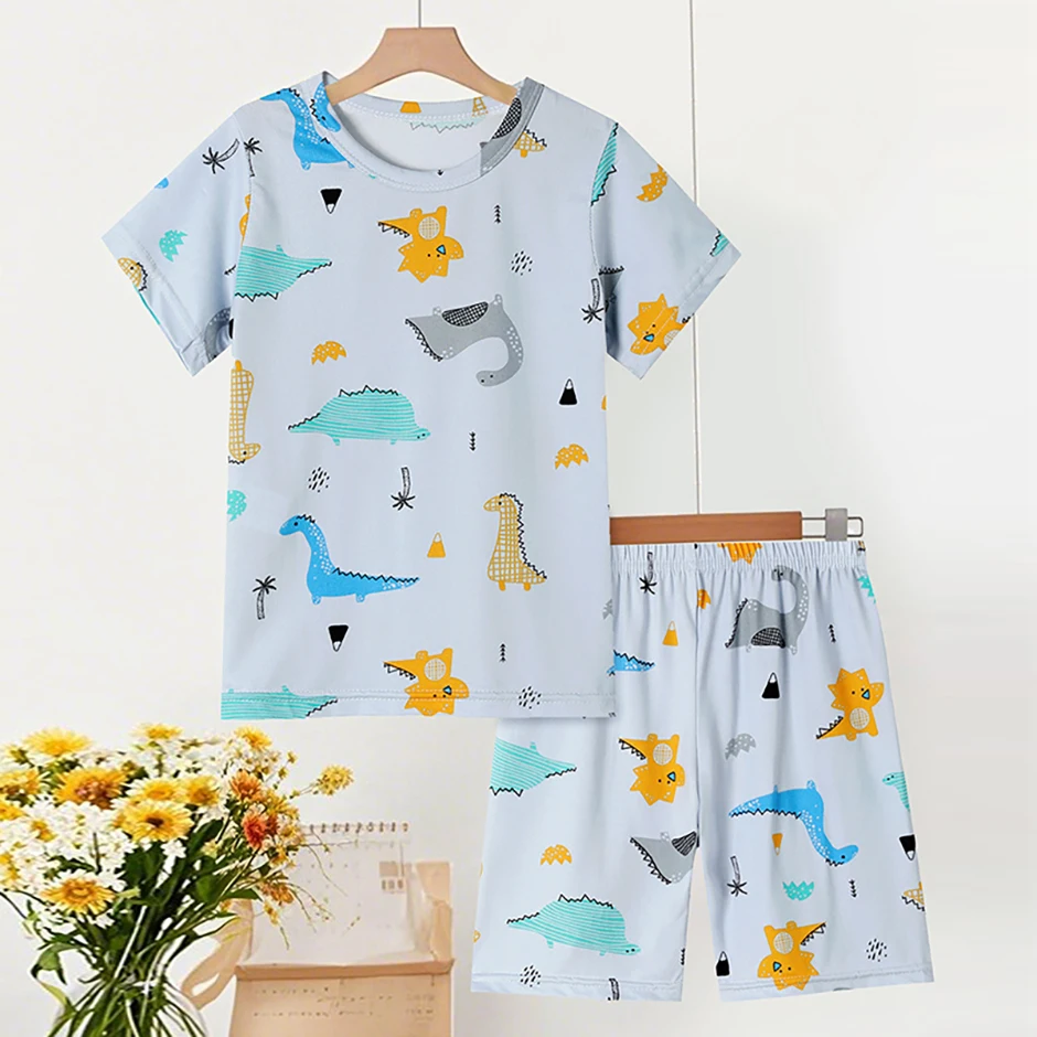 2-tlg. Kinder Sommer Mode Druck Hause Kleidung Anzug Junge Bequeme Joker Dinosaurier Kurzen ärmeln Mädchen Süße Rosa shorts Anzug – Detail 5