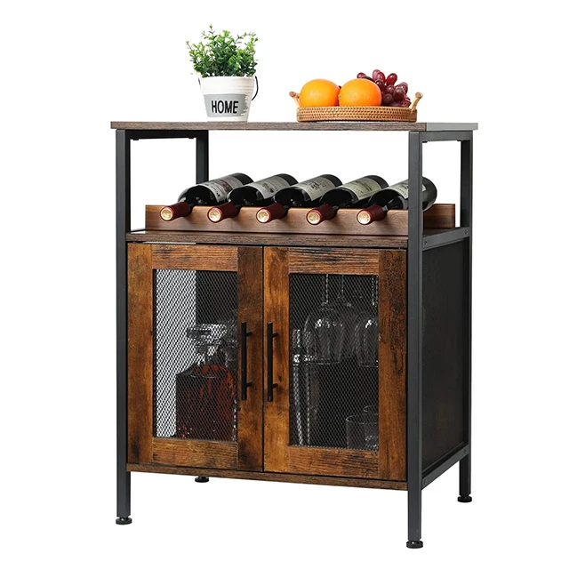 

Vintage Rustic Brown Home Furniture Living Room Bar Rack Cabinet Wooden Storage Wine Cabinet With 5 Bottle Racks And Mesh Door