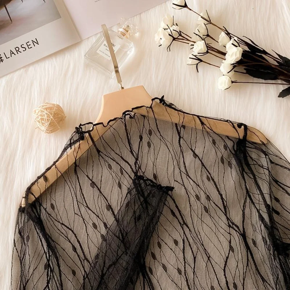 New Fashion Transparent See Through Shirt Women Sexy Black Lace Mesh Tops Casual Top Tee Shirt Sheer Elegant Women Shirt Summer