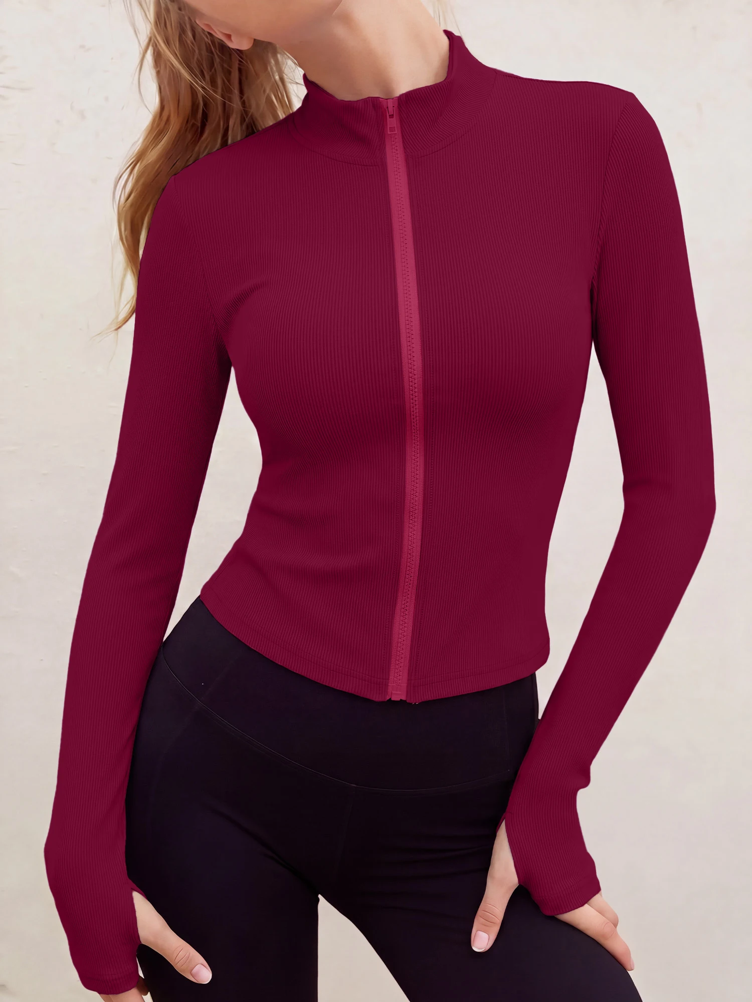 Trend Ribbed Stand Collar Zip Crop Jacket, Slim Long Sleeve Knit Top for Street Snap & Daily Y2K OOTDs image 3