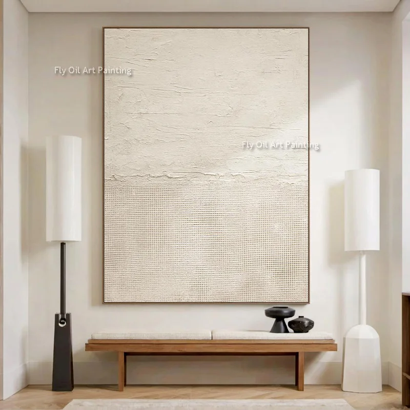 Vertical Hand-Painted 3D Texture Abstract Oil Art, Off-white Tone Serene Modern Statement Wall Decor