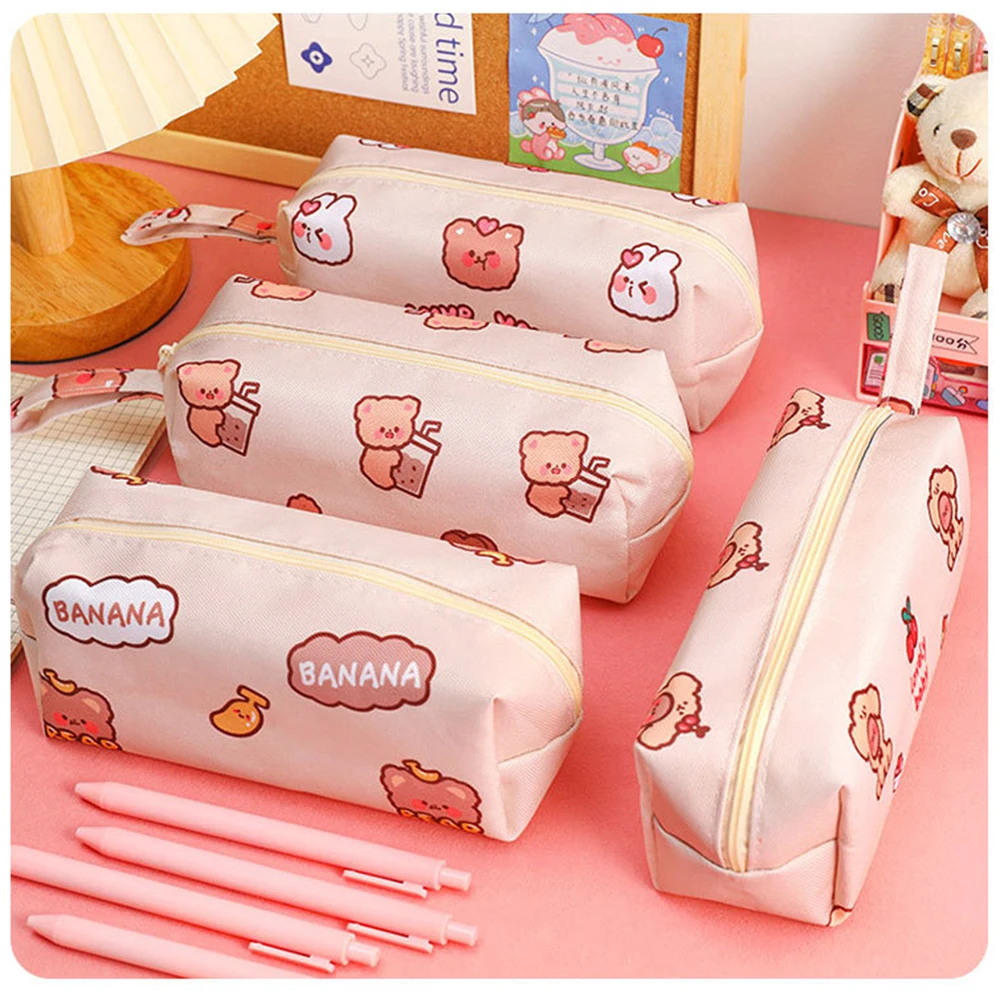 Cartoon Bear Large-capacity Canvas Pencil Case Bag Holder Desktop Stationery Cosmetics Storage Organizing Office School Supplies