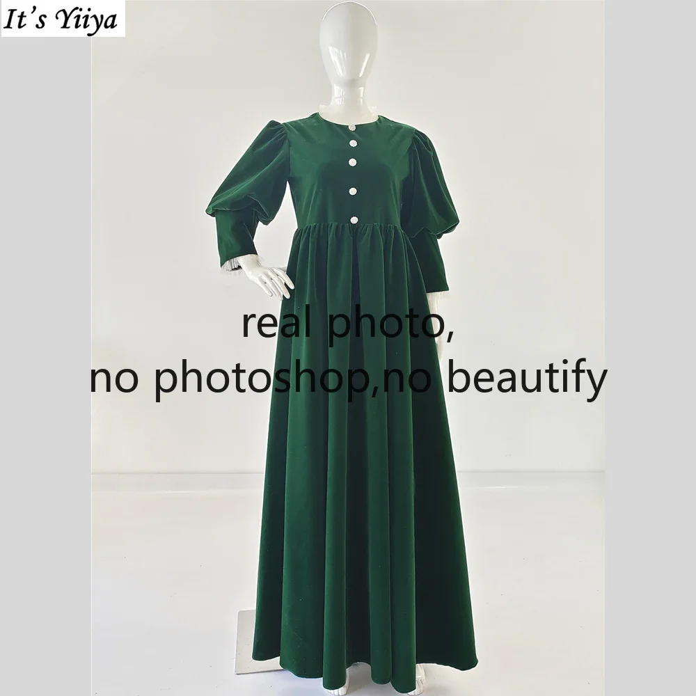 

It's Yiiya Customized Real Photo Modest Evening Dress Green Flannel Full Sleeves A-line Floor Length Plus size Party Formal Gown