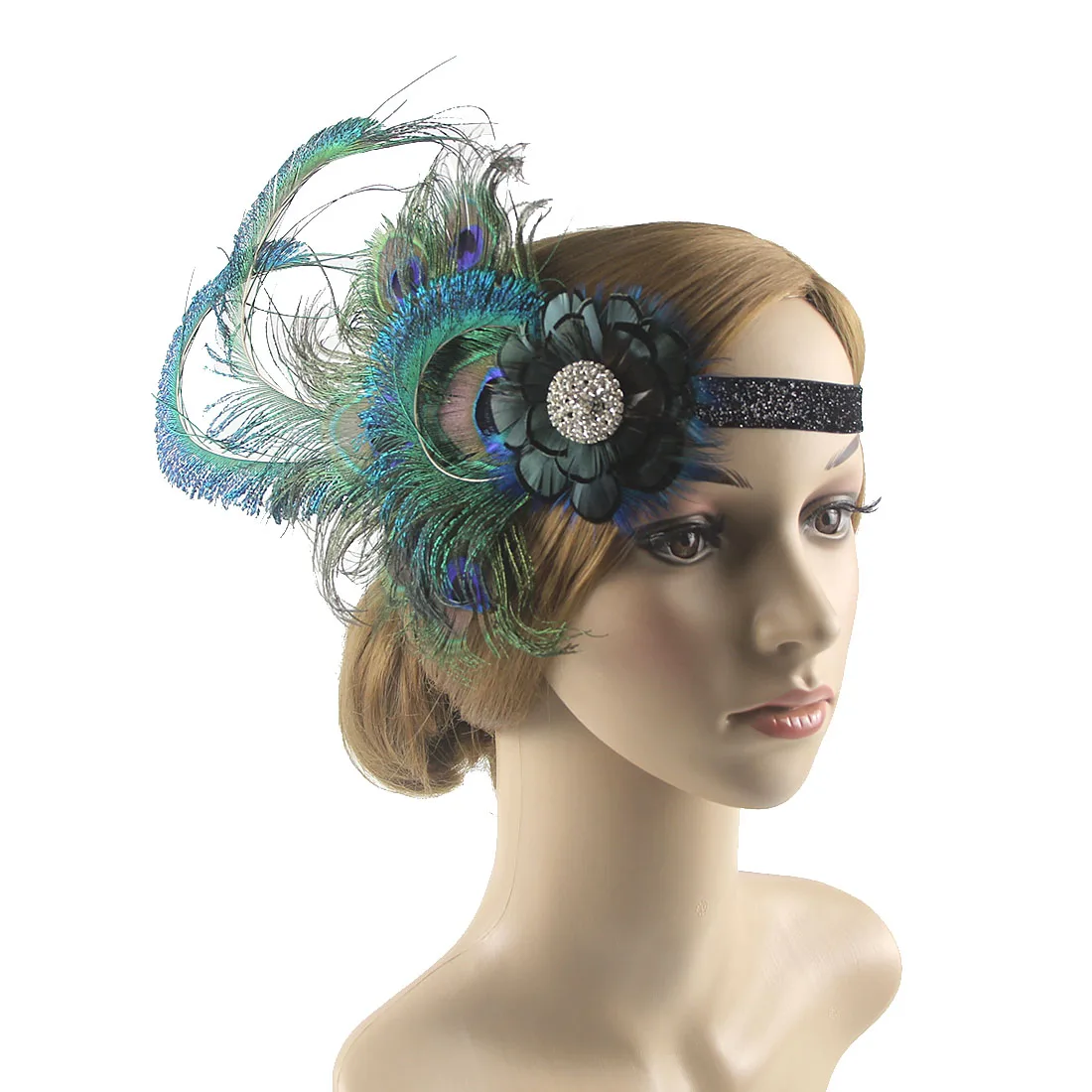 Peacock Feather Elastic Hair Band , 1920s Flapper Gatsby Feather Headband, 20s Beaded Showgirl Headpiece