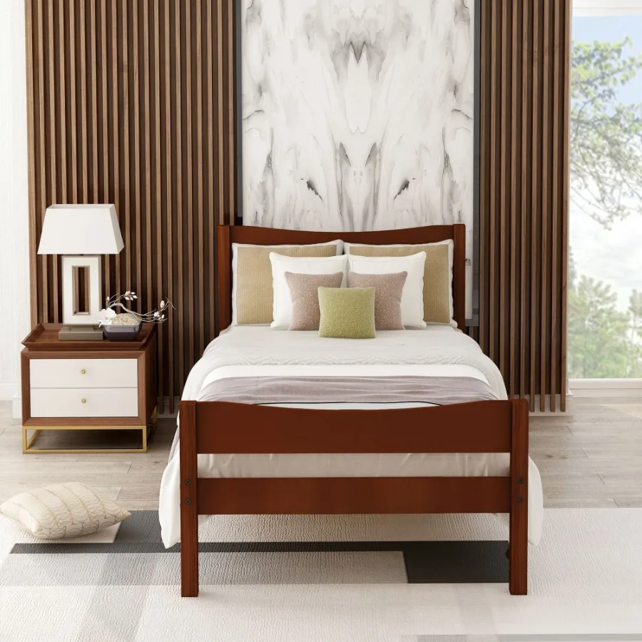 

Twin Size Wood Platform Bed with Headboard and Wooden Slat Support