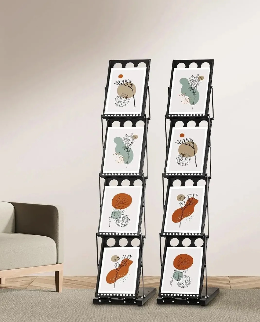 

2 Pieces Foldable Magazine Rack Metal Catalog Literature Rack Portable 4 Pockets with Carrying Bag Brochure Stand Literature